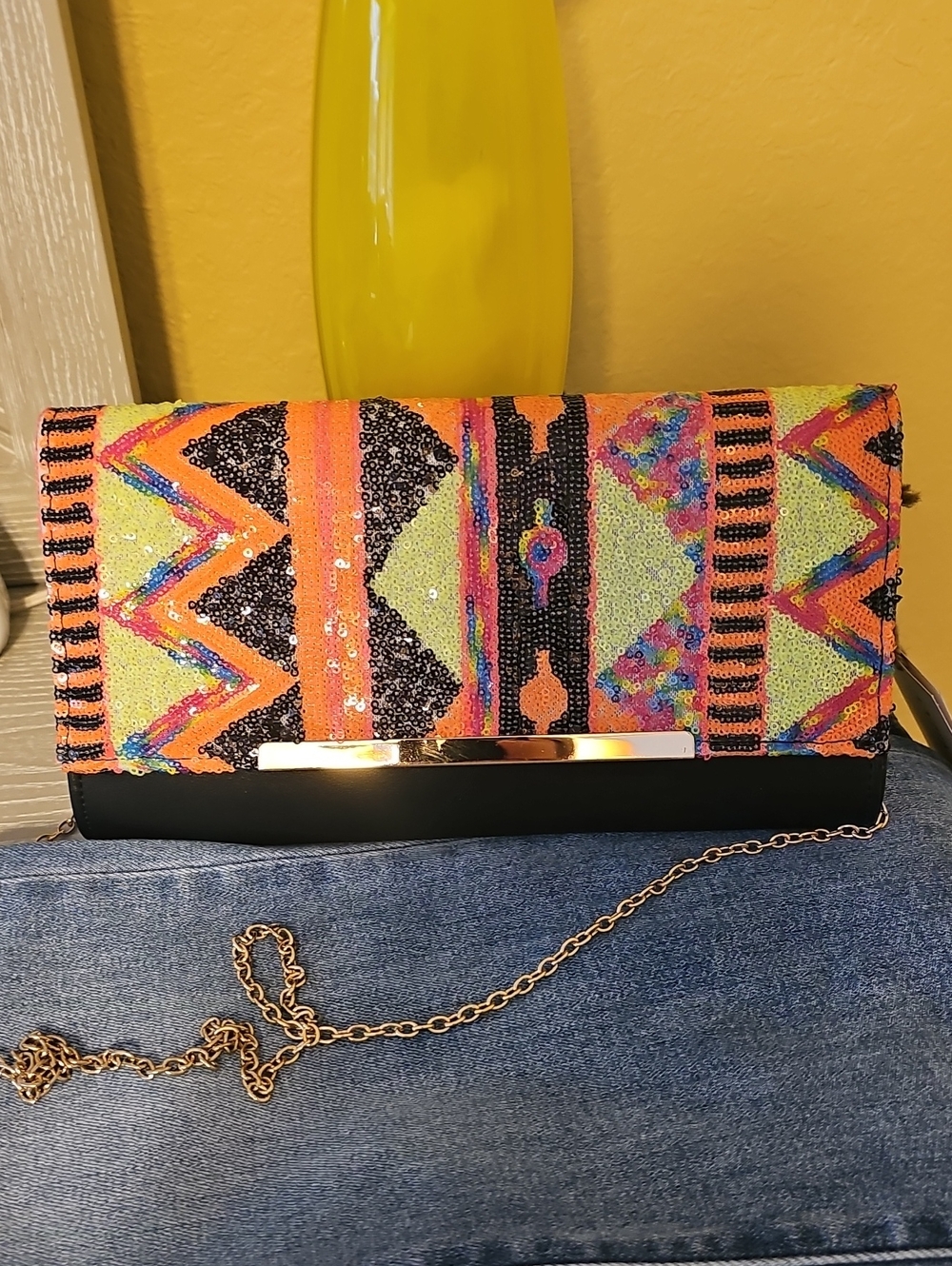Antik Kraft Multicolor Beaded Clutch with Chain.   NEON!